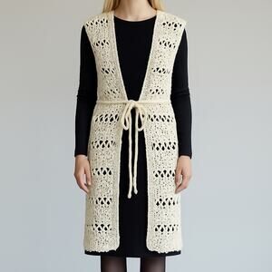 Handmade Crochet Sleeveless Cardigan Vest Ivory Tie Waist – One Size Boho Layer